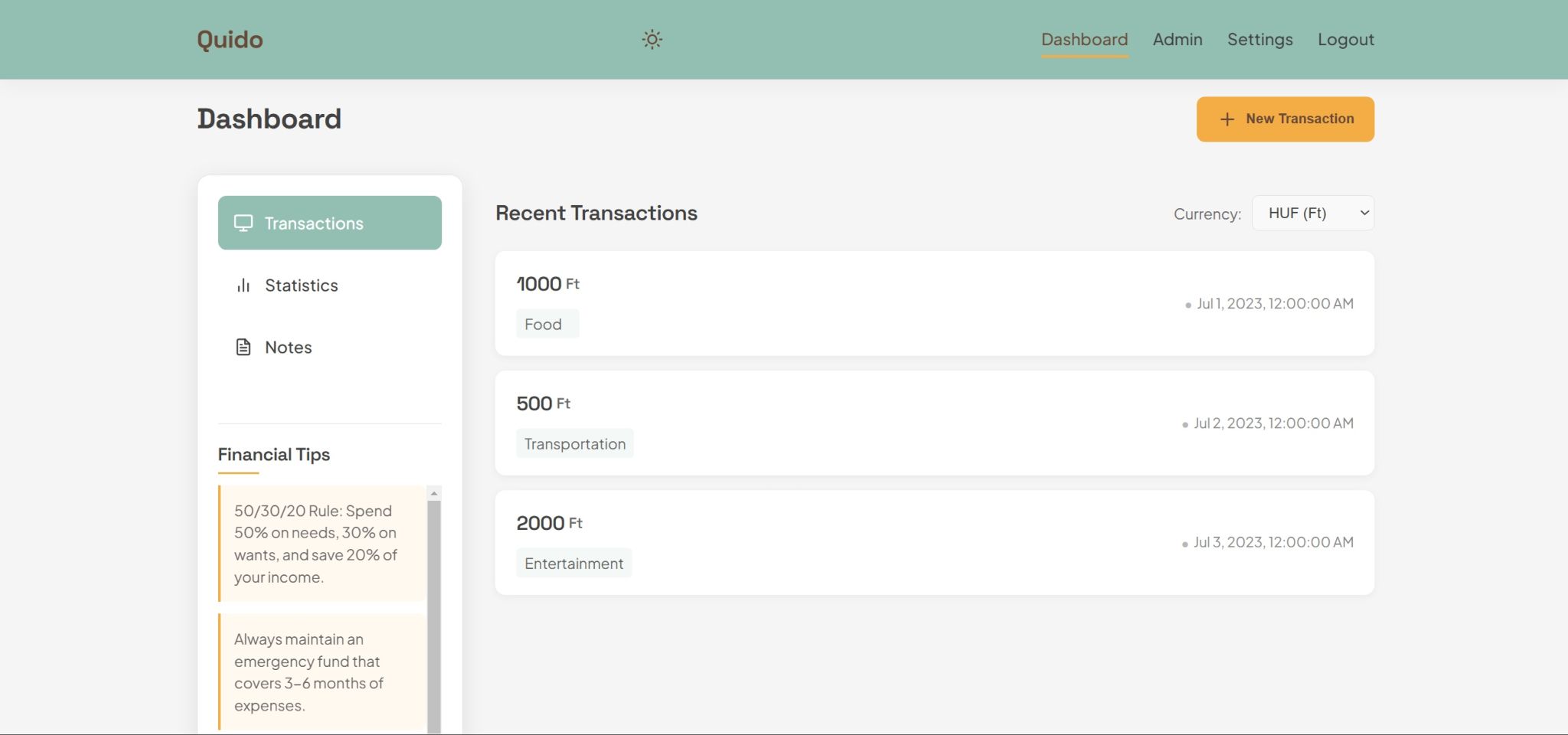 Admin dashboard interface